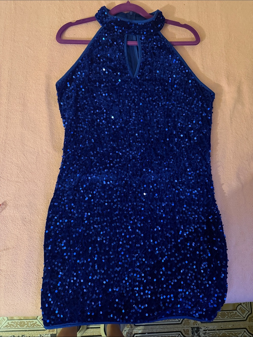 Sequined Halter Mini Dress - Royal Blue